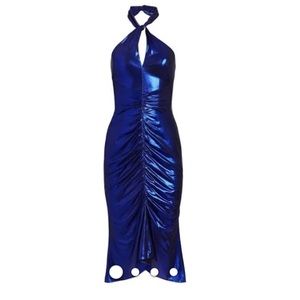 Marchesa Notte ruched detail halter midi dress